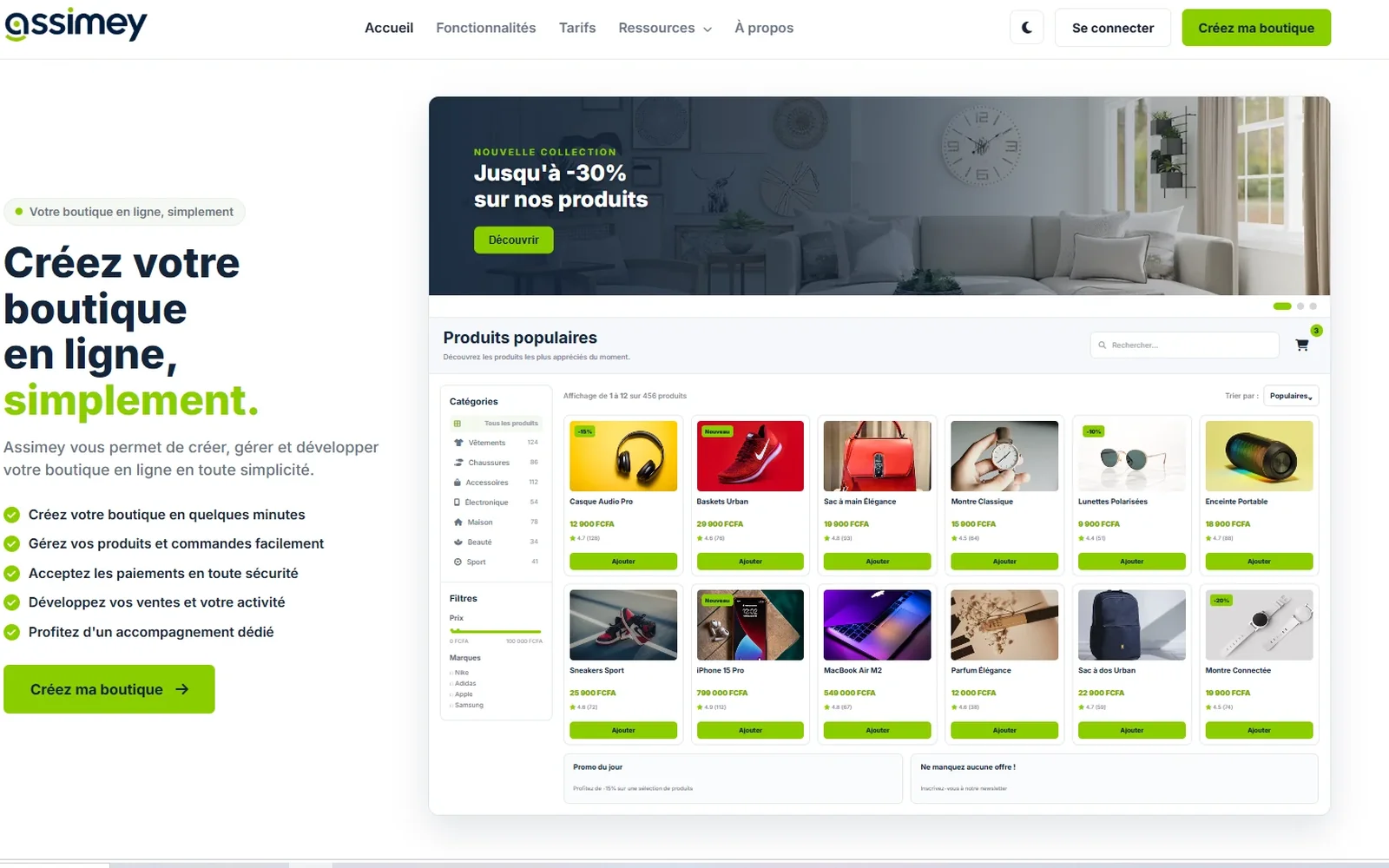 Créez votre boutique — La page d'accueil d'Assimey et une boutique en ligne.
