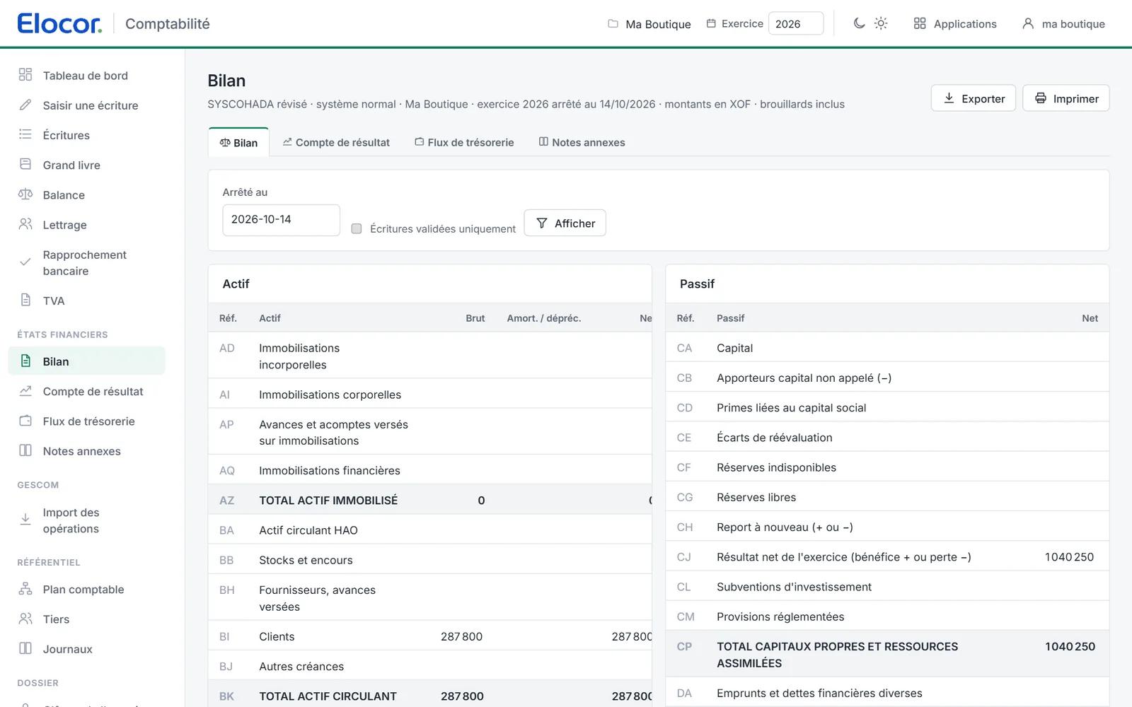 Bilan SYSCOHADA — Actif et passif au format du SYSCOHADA révisé.