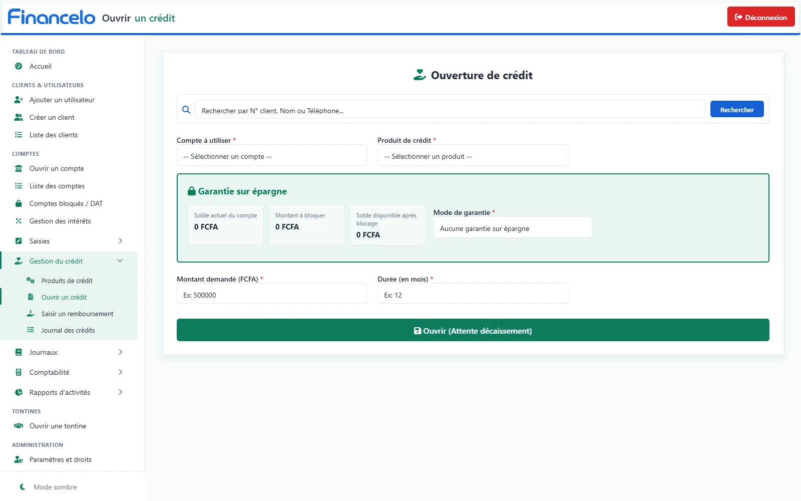 Ouverture de crédit — Compte, produit, garantie sur épargne, montant et durée.